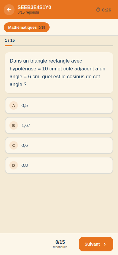 Épreuve de contrôle en cours : question 1/15 de mathématiques, chronomètre